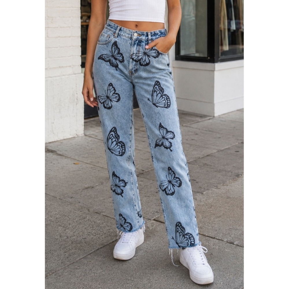 PacSun Butterfly Printed High Rise Straight Jeans Blue Denim Women's Size 26